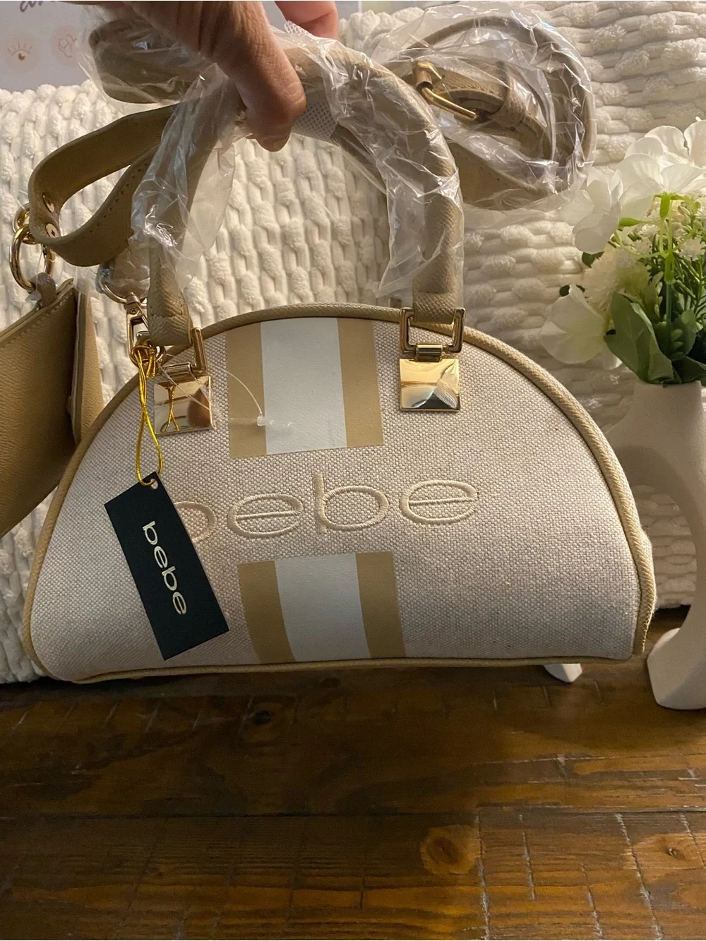 bebe Beige and Gold Dome Mini Satchel